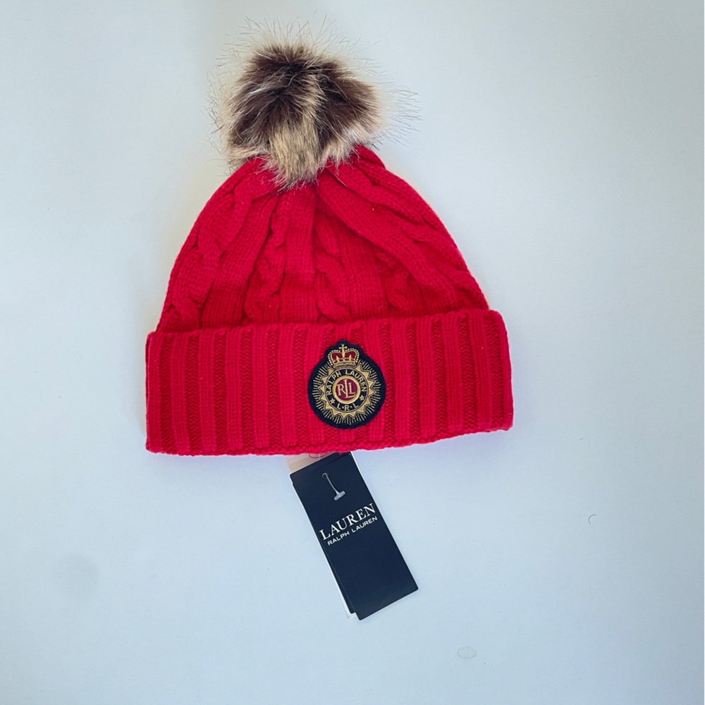 Lauren by Ralph Lauren Cable-Knit Pom-Pom Beanie Red.